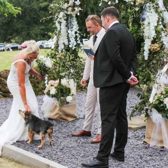 A bride greeting a small dog at a flower-decked outdoor ceremony