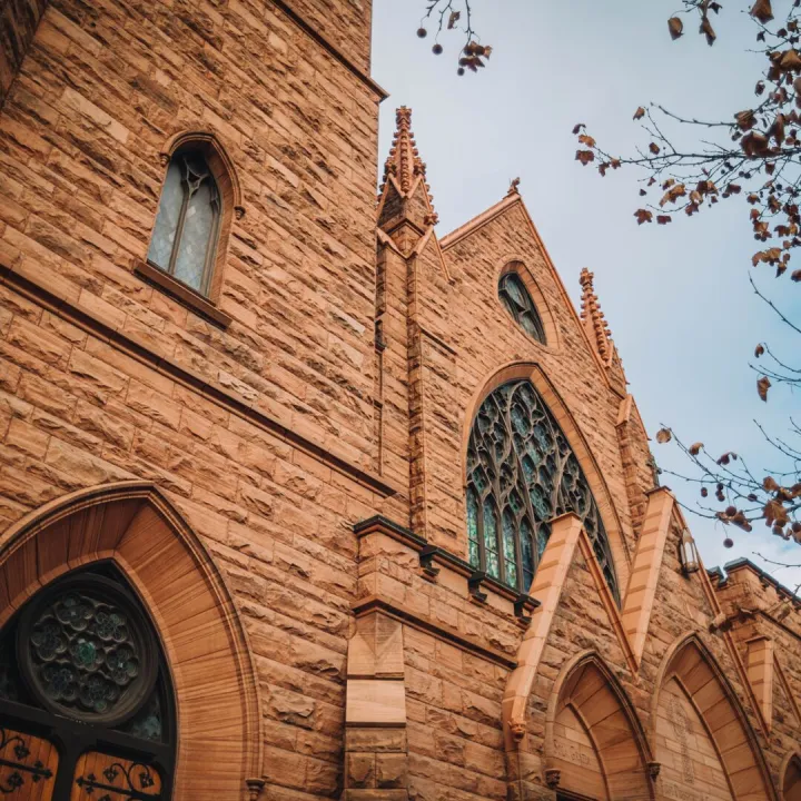 Low angle shot of Gothic Revival church facade