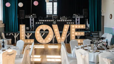 Wedding venue, circular tables, love