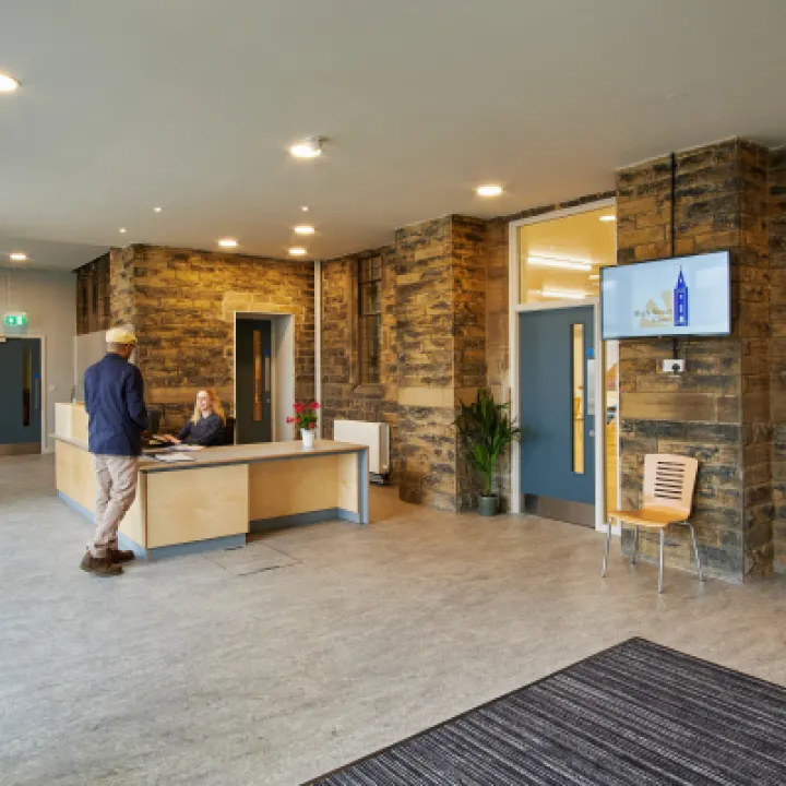 Internal reception showing office and hall links