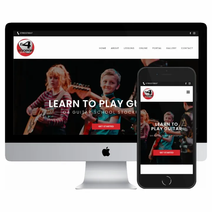 Desktop and mobile screenshots of the G4 Guitar School website