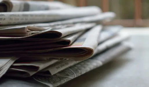 A close-up of a stack of newspapers resting on a desk, symbolizing information and media.