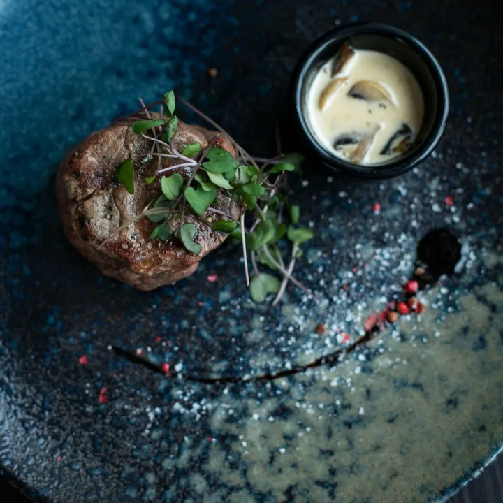 A plated steak with microgreens and a mushroom sauce
