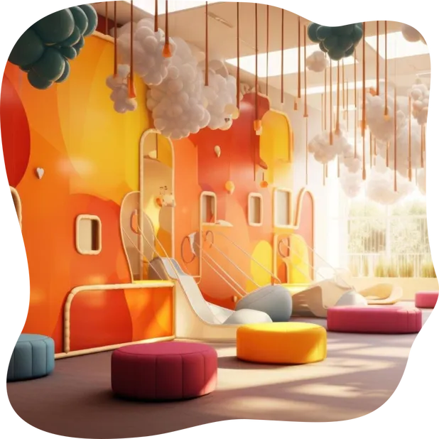 The indoor play area is busy with children enjoying the slid