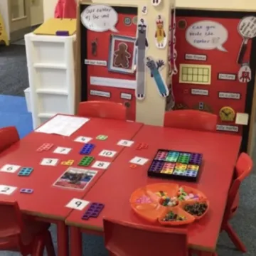 Red table with maths work