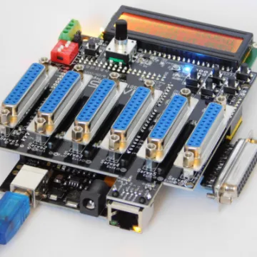 Detailed view of Thanos AMC control connectors for sim race rigs