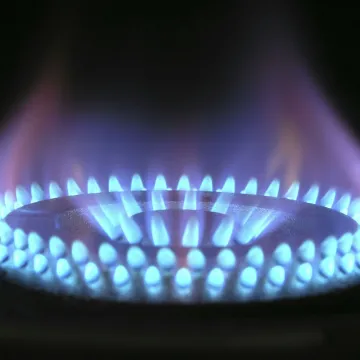 A detailed view of a blue flame on a gas stove, illustrating heat and warmth.