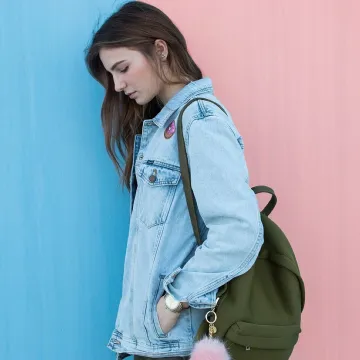 Woman, brunette, denim jacket, fashion, backpack, 