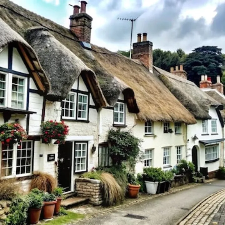 Charming row of white cottages with thatched roofs