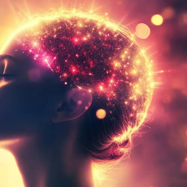 Womans glowing mind bokeh background spiritual concept