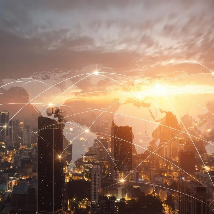 Global Network Connectivity Over Modern City Skyline at Suns