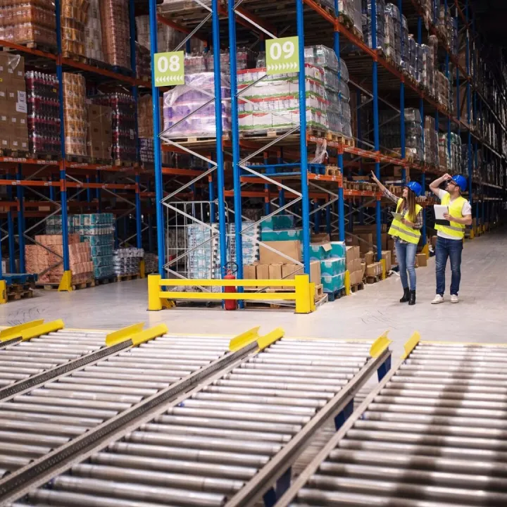 Warehouse workers checking inventory and goods distribution 