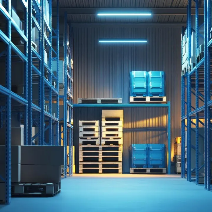 3d interior warehouse rendering with blue racking pallets an