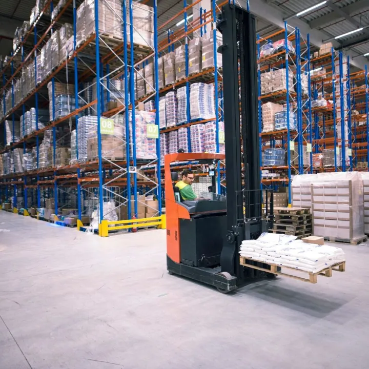 Worker operating forklift machine and relocating goods in la