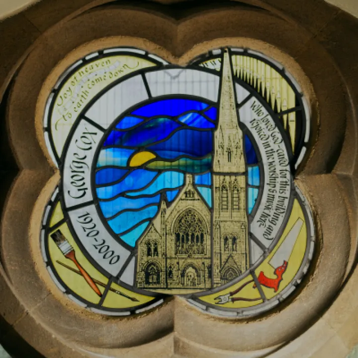 George Cox window with church