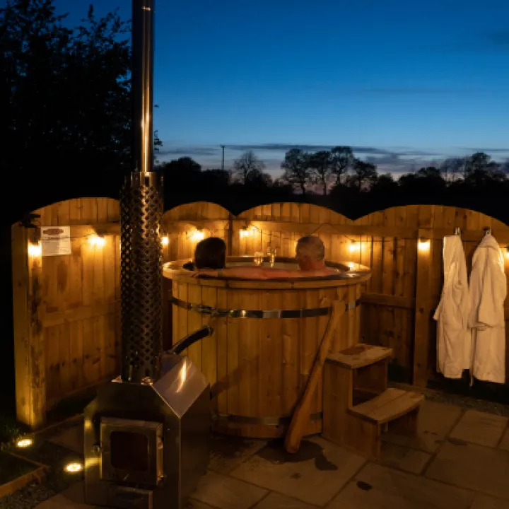 Overwater Luxury Glamping Hodnet Hot Tub at Night 5