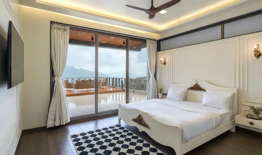 Spacious modern bedroom featuring a double bed