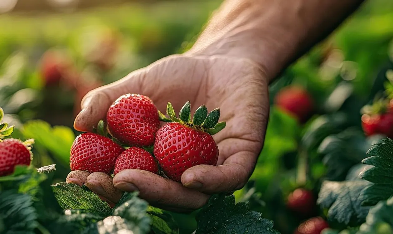 18 Hands picking fresh strawberries from a plant with rows o