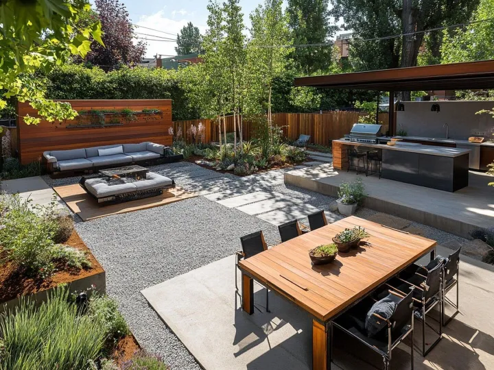 Landscaped garden with outdoor seating, a dining table and an outdoor kitchen