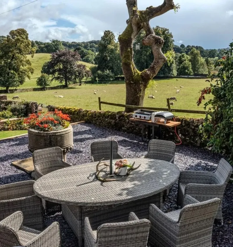 The patio dining area overlooking the farm’s fields