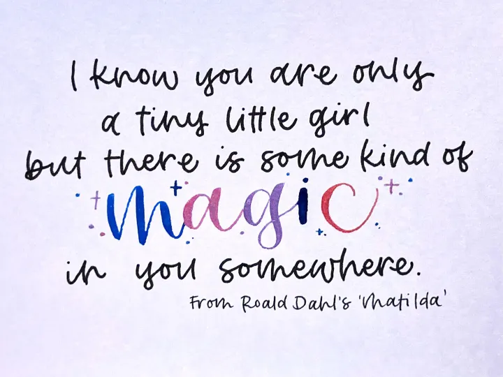 Hand lettered keepsake quote card for a little girl in purple ink