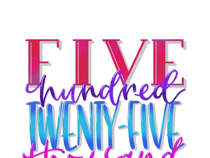 Hand lettered five hundred twenty five thousand minutes quote print in a colourful gradient design, digital artwork made in Procreate