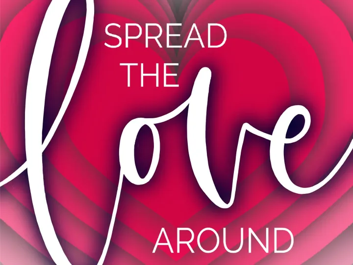 Hand lettered Spread The Love Around quote print on a pink layered heart background