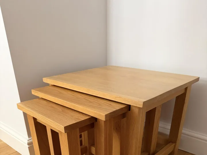 Items for sale
– Nest of three wooden tables £50