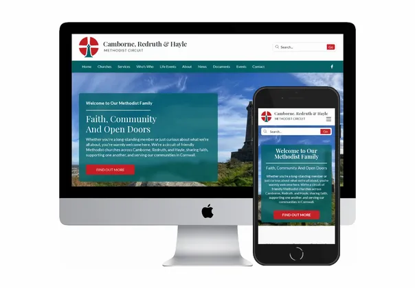 Desktop and mobile screenshots of the Camborne, Redruth & Hayle website