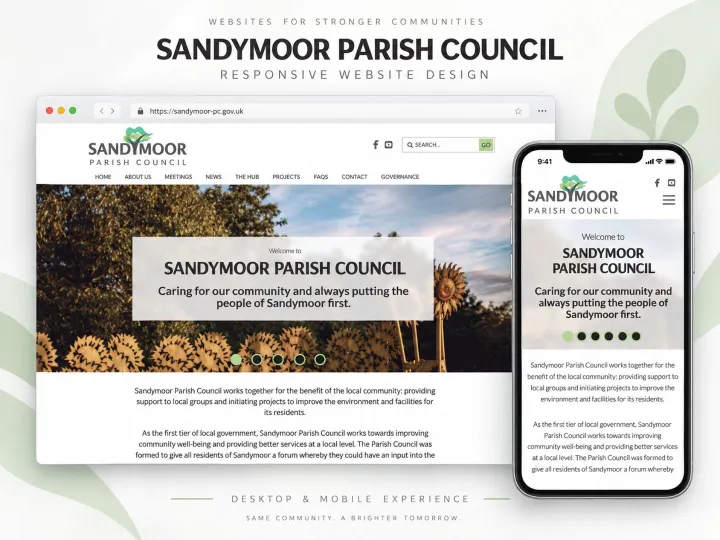 The Sandymoor Parish Council website shown on a laptop and a phone
