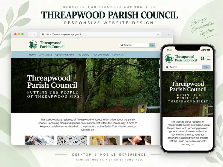 The Threapwood Parish Council website shown on a laptop and a phone