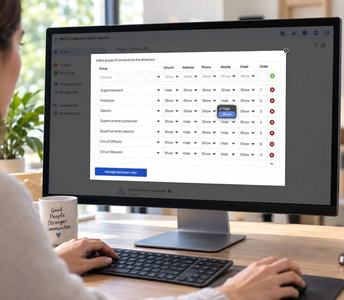 The Database screen for choosing which contact details show for each role in a circuit directory