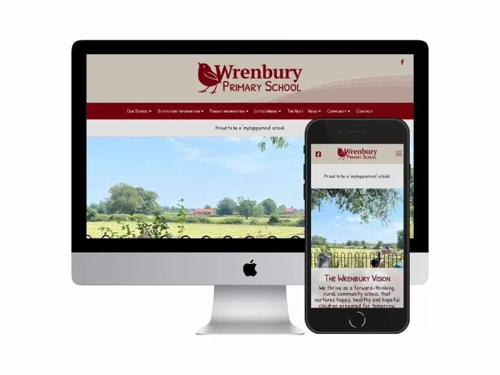 Desktop and mobile screenshots of the Wrenbury Primary School website