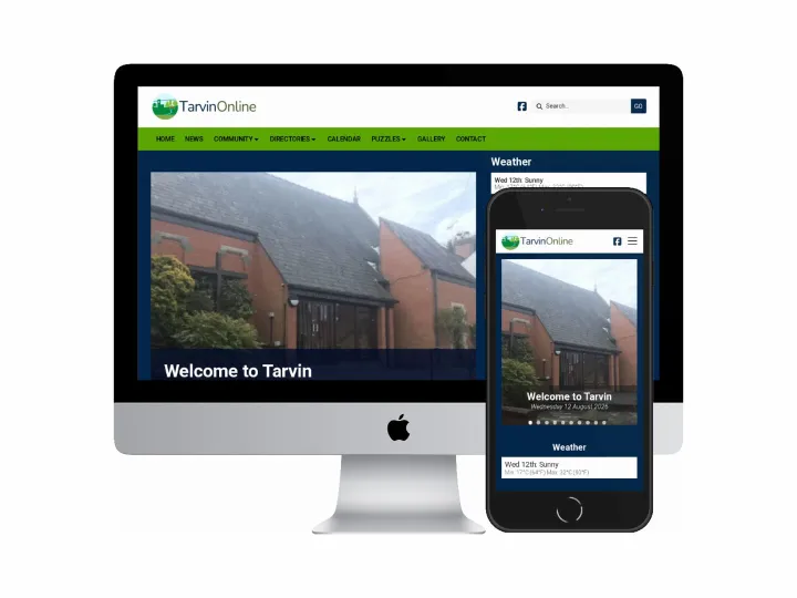 Desktop and mobile screenshots of the Tarvin Online website