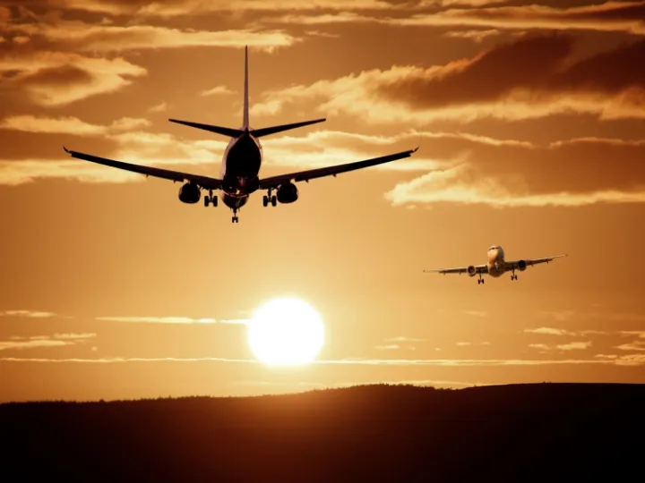 Plane, flight, sunset