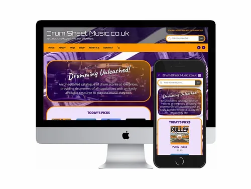 Desktop and mobile screenshots of the Drum Sheet Music website