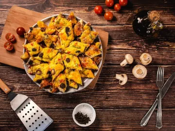 Pizza, food, flat lay, mushroom, tomato