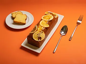 Freshly baked citrus loaf cake topped with orange