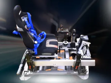 Cockpit seat with blue harness for a sim racing rig