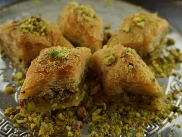 Baklava with pistachios, oriental pastries, sweet