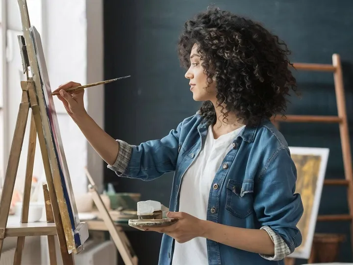 Female artist painting in studio
