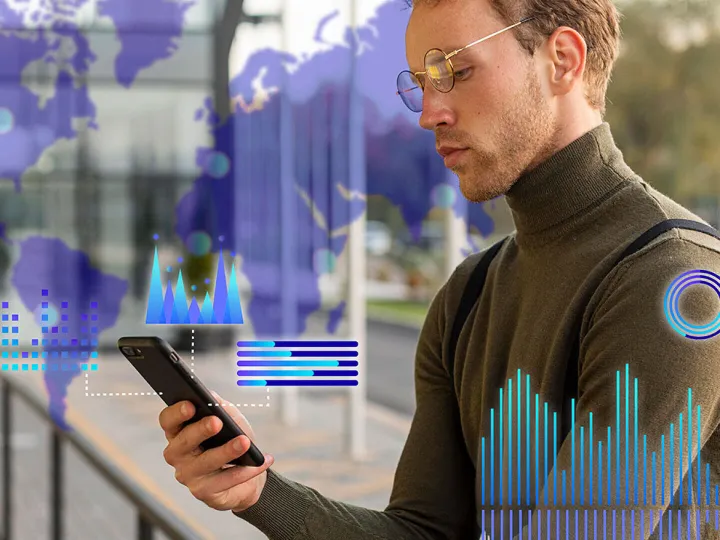 Customer using AI driven mobile banking app with financial data analytics
