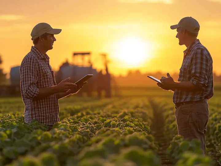 Modern Agriculture Farmers with Tablet Amidst Young Crops