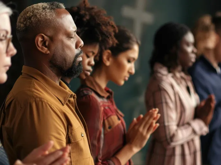 Diverse group of people praying together with closed eyes Sp