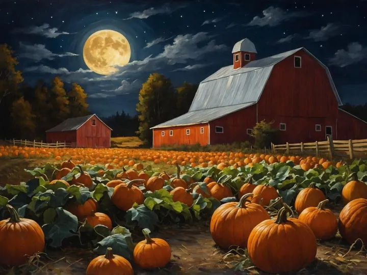 Painting of a Farm with Pumpkins and a Barn at Night