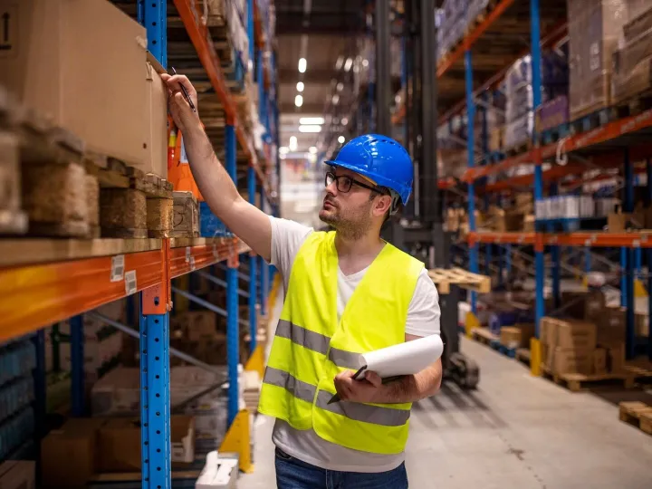 Professional warehouse worker in protective work wear holdin
