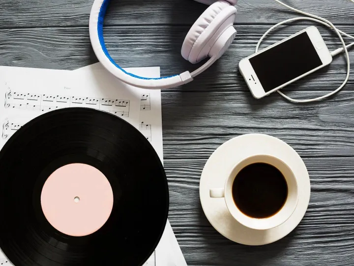Vinyl, smartphone and coffee