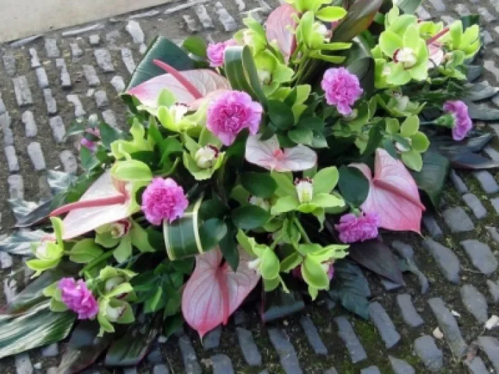 funeral flowers, sympathy, casket flowers, pink, green
