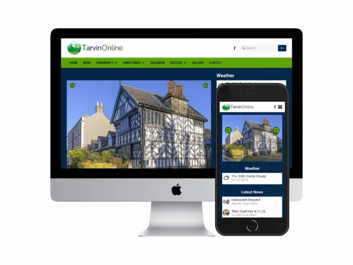 Desktop and mobile screenshots of the Tarvin Online website