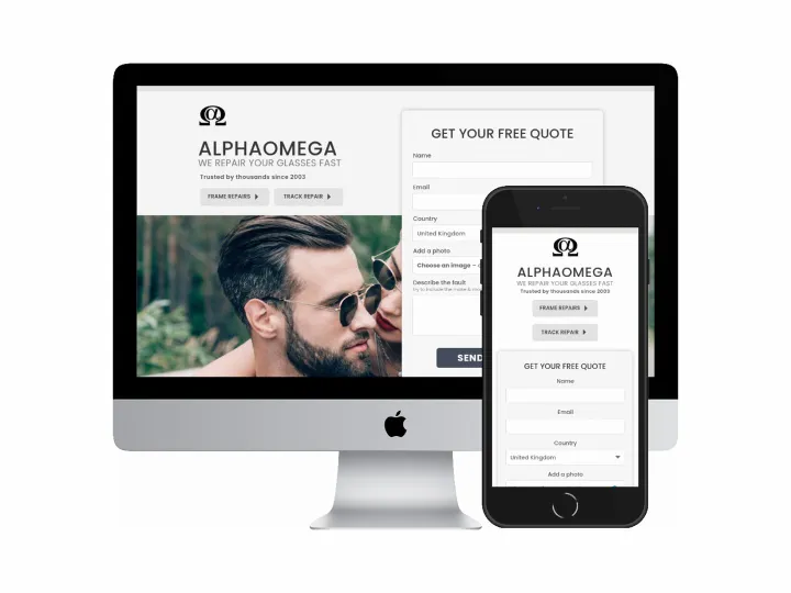 Desktop and mobile screenshots of the AlphaOmega Frame Repairs website